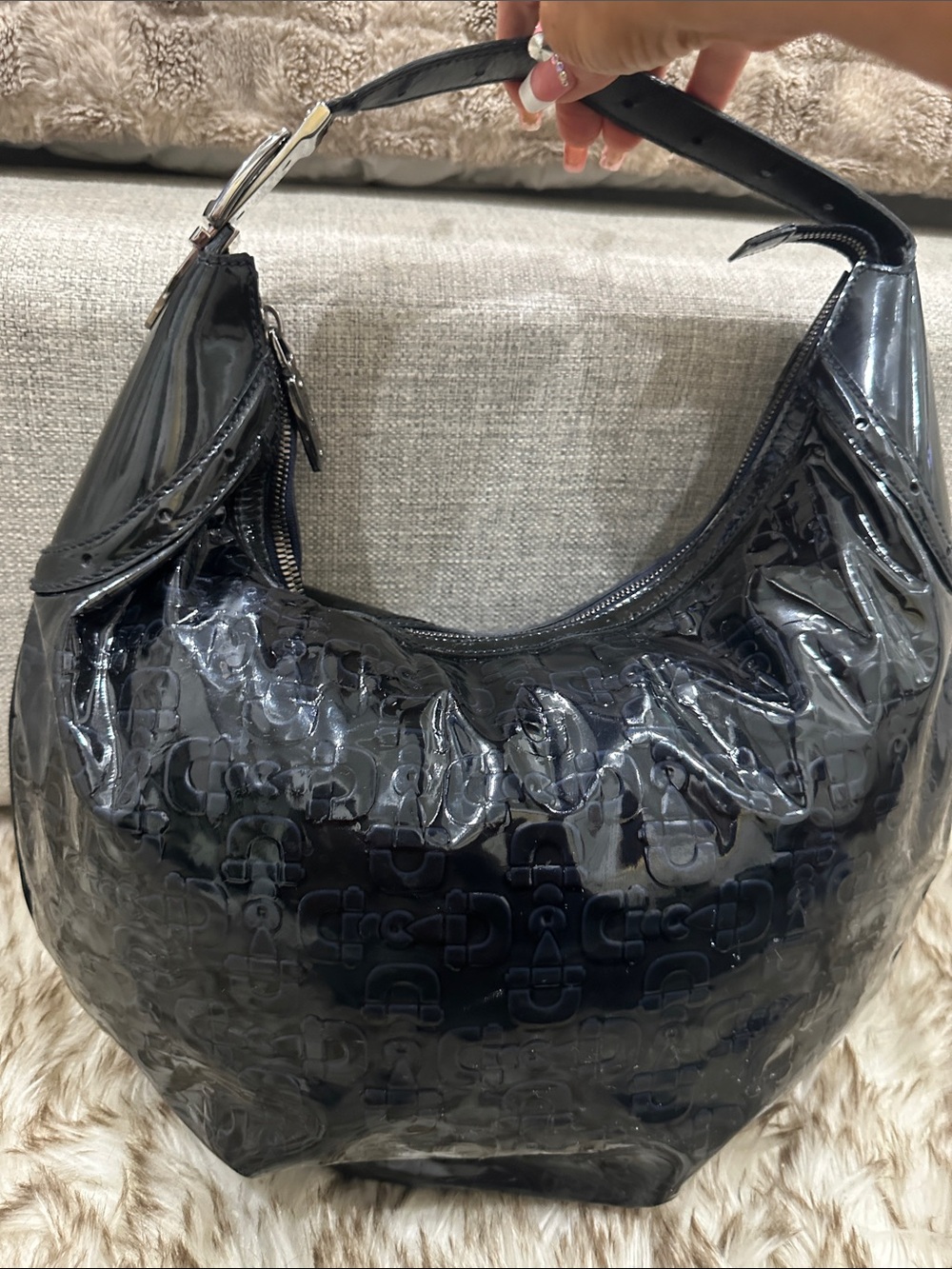 GUCCI Dark navy Patent leather GUCCI Horsebit Logo-Embossed Hobo w/Gucci silver